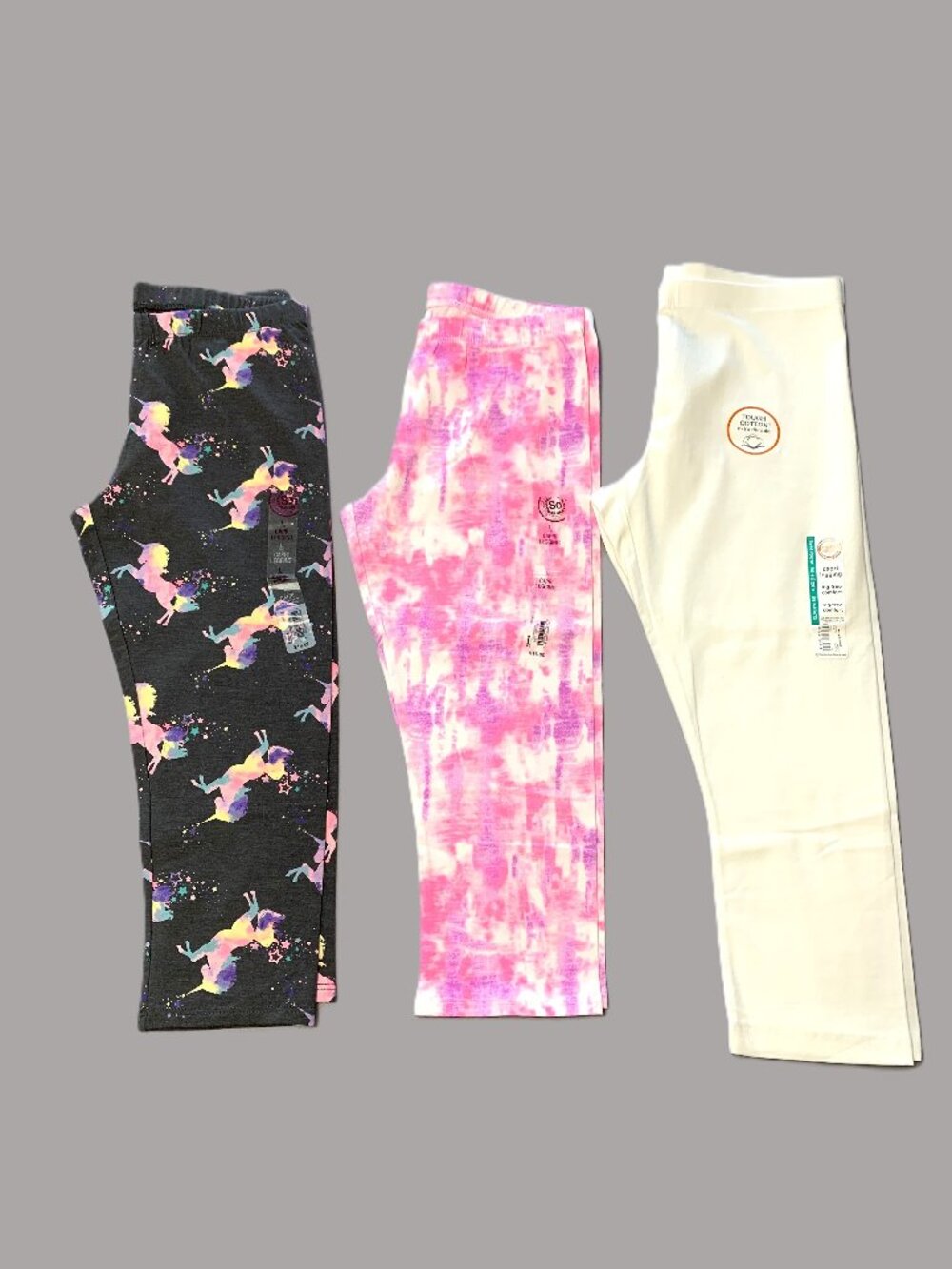 3 Brand New Girls Leggings Pink Tie-Dye/White/ Gray Unicorn Crop length Size 14